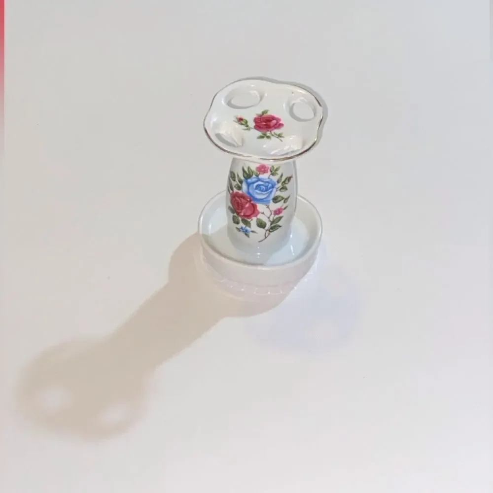 Vintage Porcelain Floral Toothbrush Holder - White with Red and Blue Accents